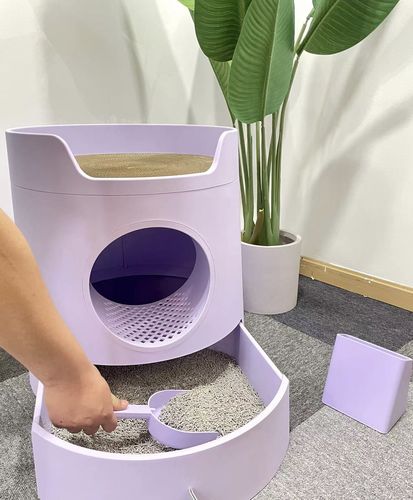 Customer photo review of Mayitwill XL Castle 2 in 1 Front-Entry Cat Litter Box with Scratch Basin, Scoop included, Lilac Purple