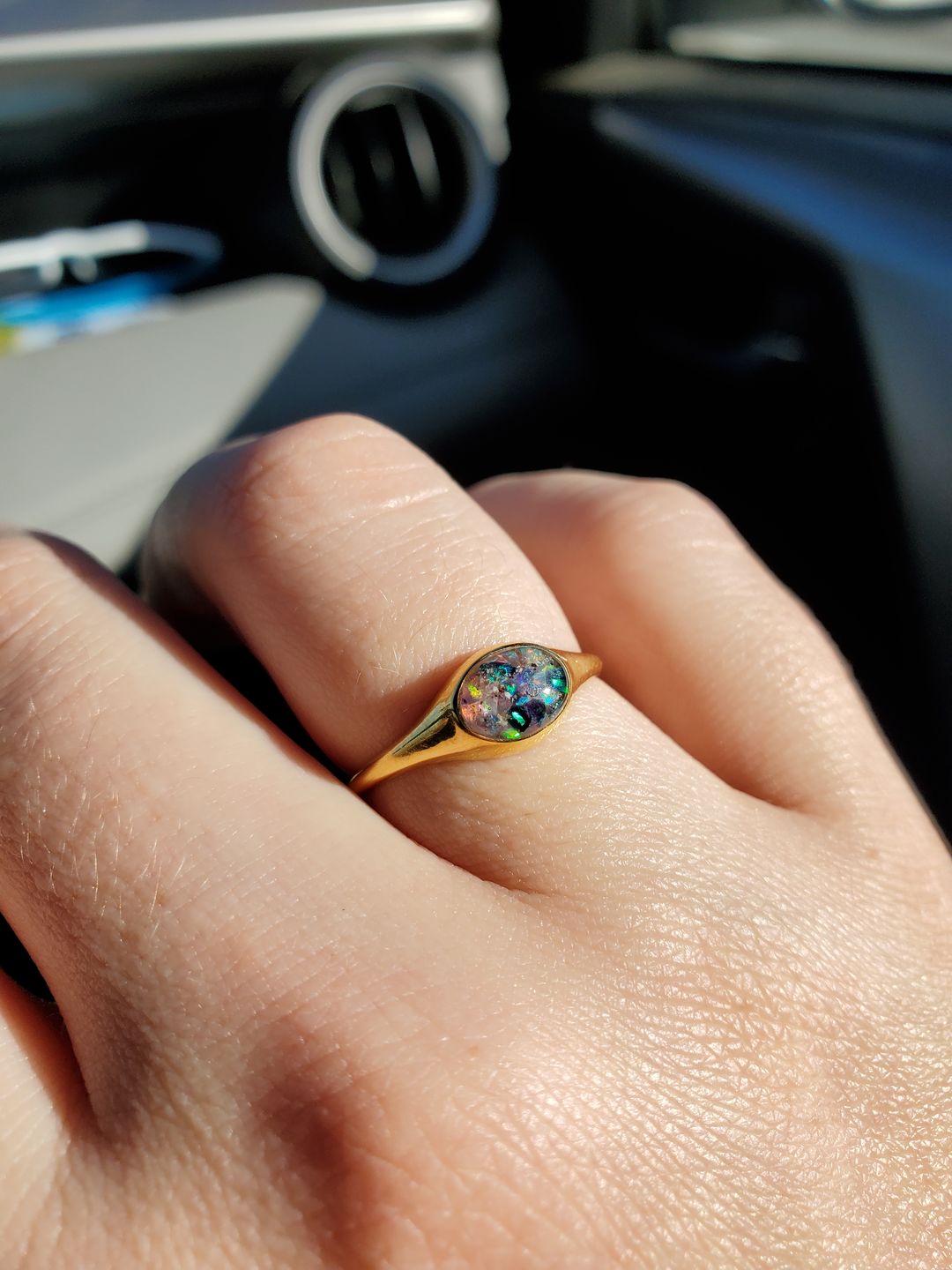 Customer photo review of Golden Oval Ring with Cremation Ashes