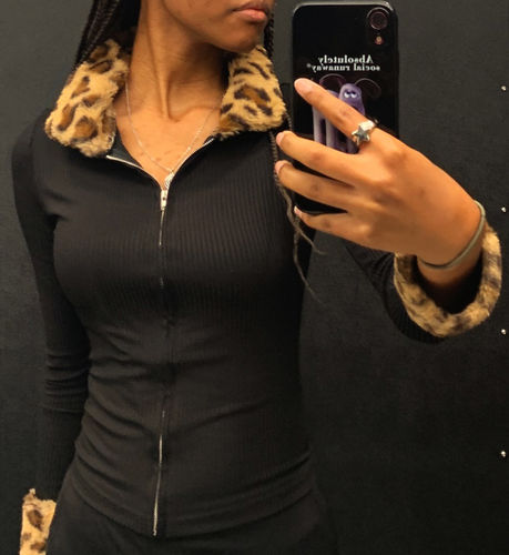 Customer photo review of Leopard Trim Zip Up Cardigan