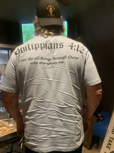 Customer photo review of Philippians 4:13 Oversized Tee - Light Blue