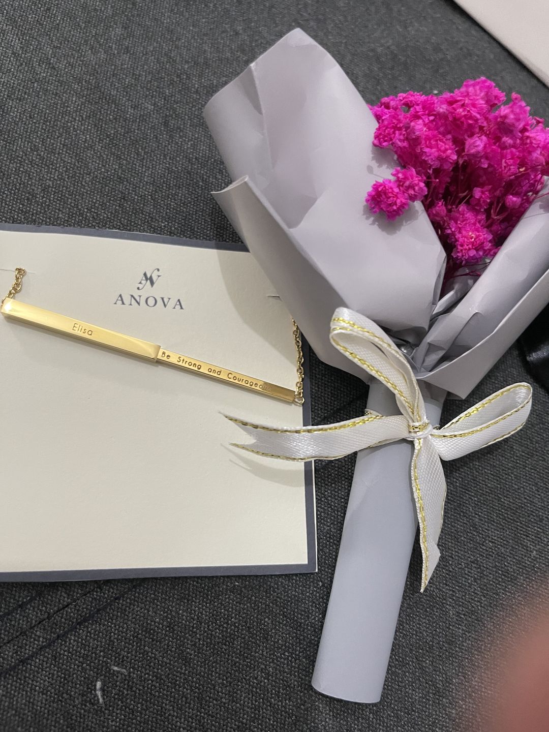 Customer photo review of Anova GOLD Mantra Bar Personalized Necklace