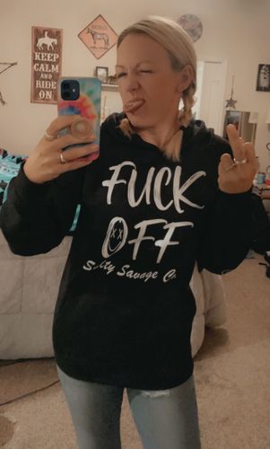 Customer photo review of Salty Savage Unisex "Fuck Off" Classic Cozy Hoodie | Black