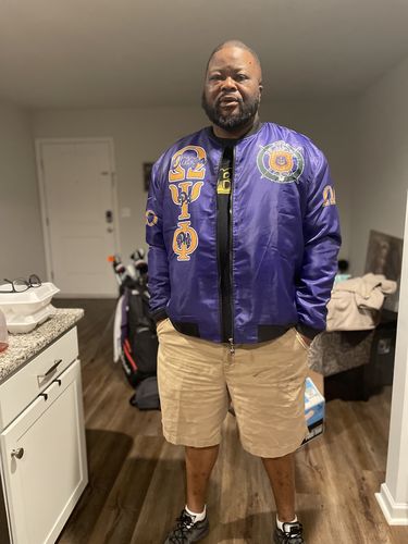 Customer photo review of Fraternity Jacket - Personalized Omega Psi Phi Purple Bomber Jackets