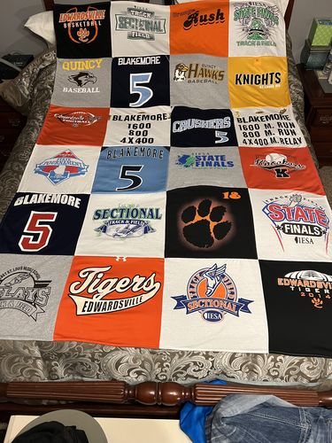 T-shirt quilt featuring edwardsville high school tigers, blakemore middle school hawks by Shannon from IL