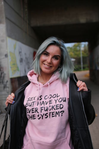 Customer photo review of DEMOKR. WIDERSTAND HOODIE MÄDELS • SEX IS COOL BUT HAVE YOU EVER FUCKED THE SYSTEM - HELL