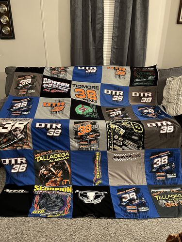 T-shirt quilt with racing, motorsports themes by Mary from AL