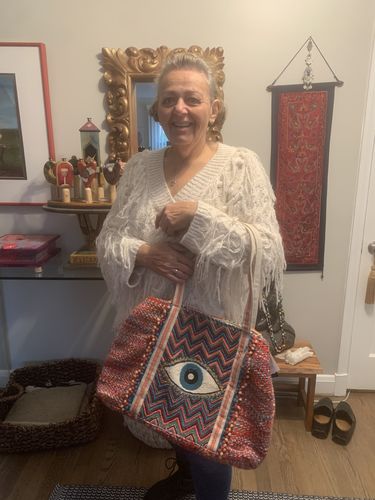 Customer photo review of Evil Eye Good Luck Hand Beaded Orange and Blue Tote Bag