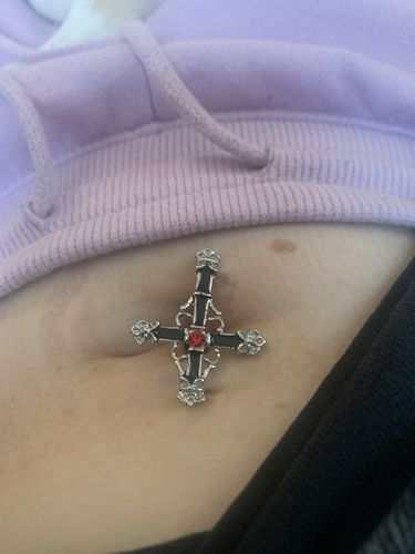 Customer photo review of Reverse Vintage Cross Belly Ring