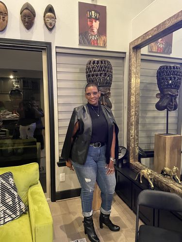 Customer photo review of Faux Leather Cape Blazer