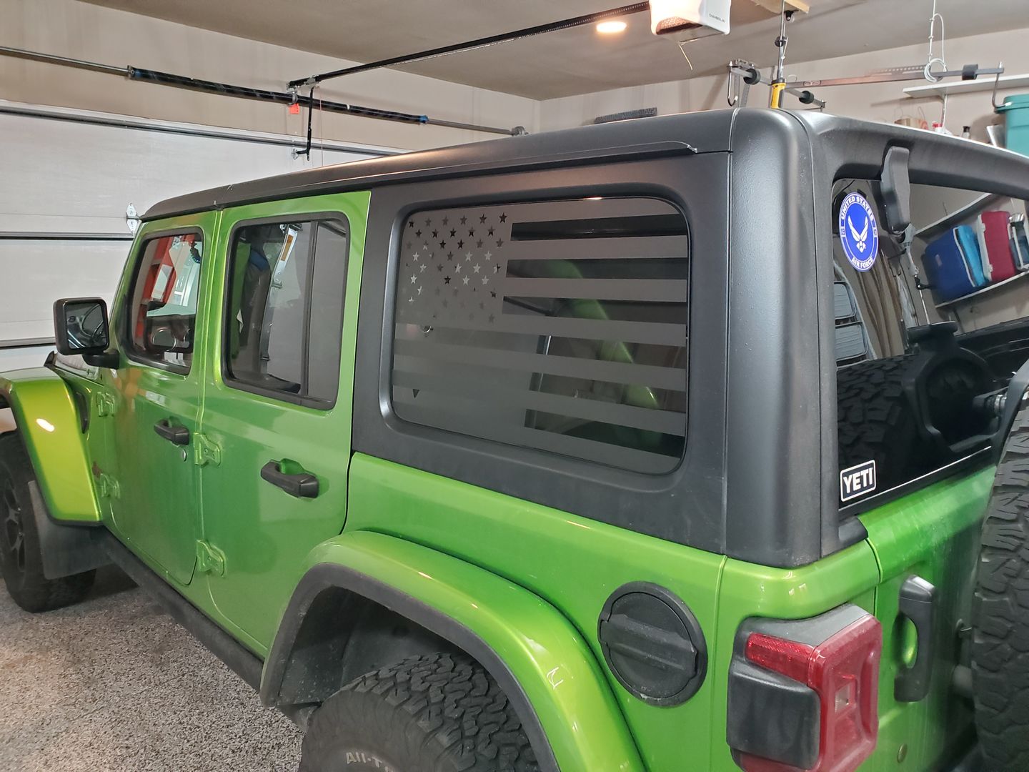 Customer photo review of American Flag Window Graphic for Wrangler JLU 4-door | Set of 2