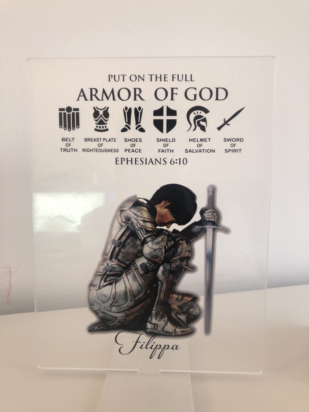 Customer photo review of Personalized Custom Name, Skin Tone And Hairstyles Woman Warrior Of God of God Put On The Full Armor of God Ephesians 6-10 Acrylic Plaque