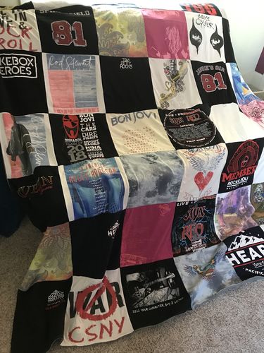 T-shirt quilt with music, rock music themes by Belinda from OR
