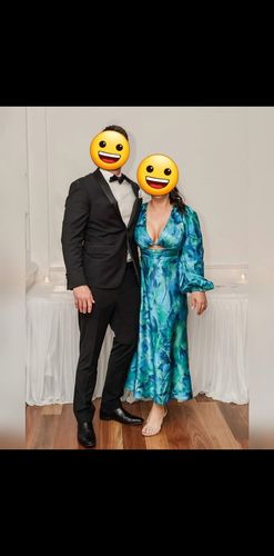Customer photo review of Kora Satin Midi Dress - Green/Blue Print