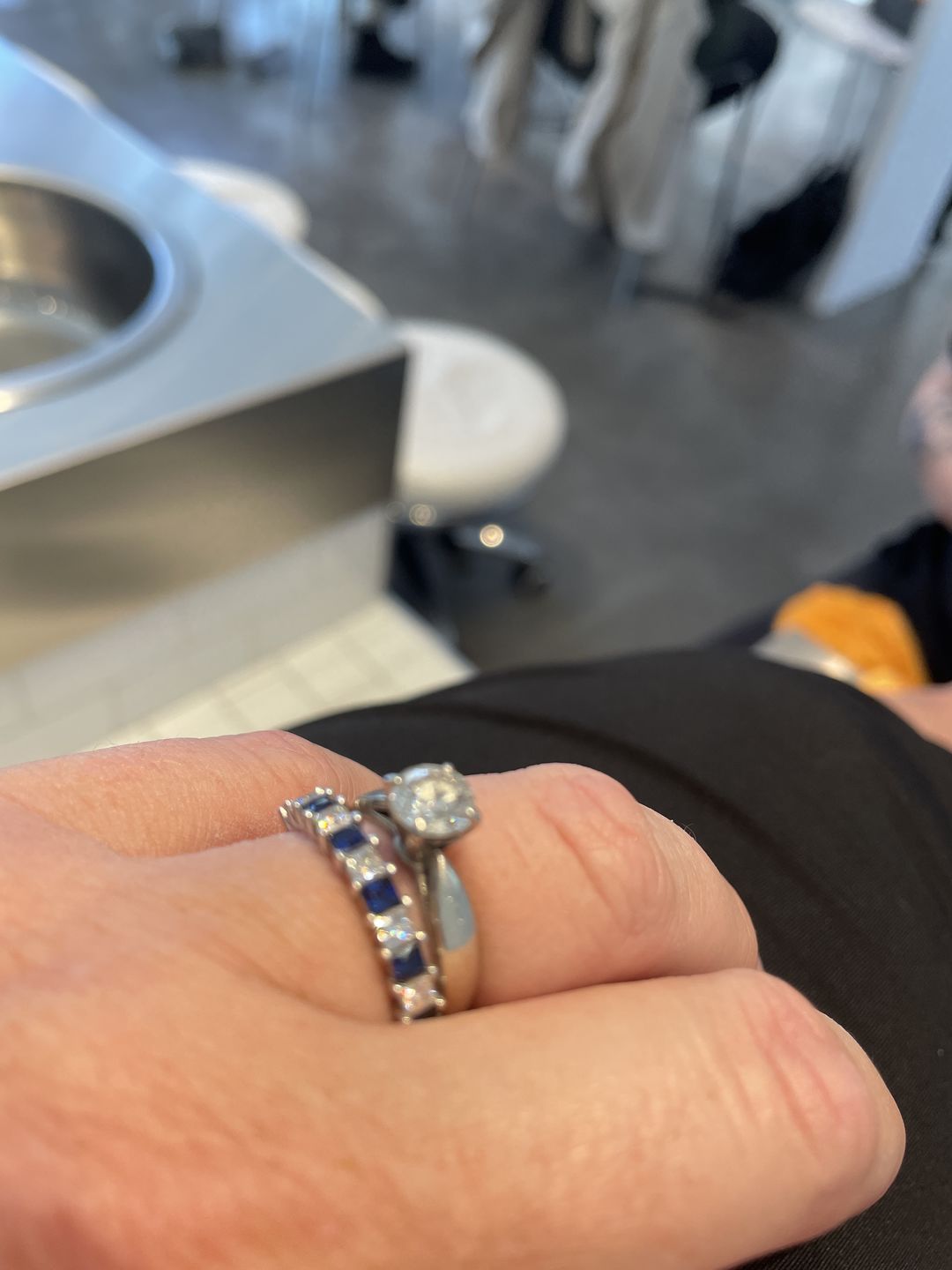 Customer photo review of Alternating Princess Moissanite And Sapphire Half Eternity Wedding Band Ring