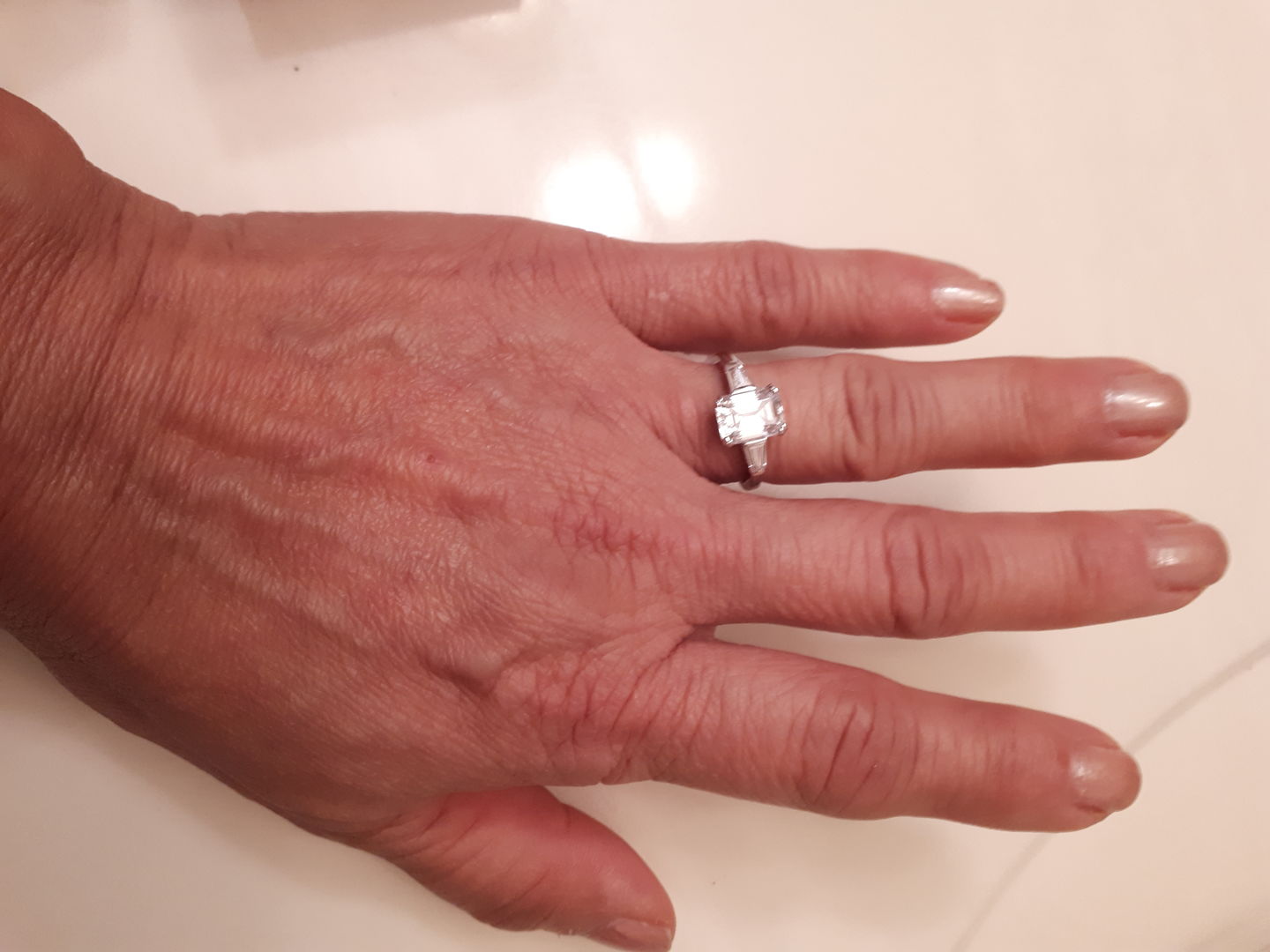 Customer photo review of 3-Stone 2.1ct Emerald Cut CZ Ring in Sterling Silver