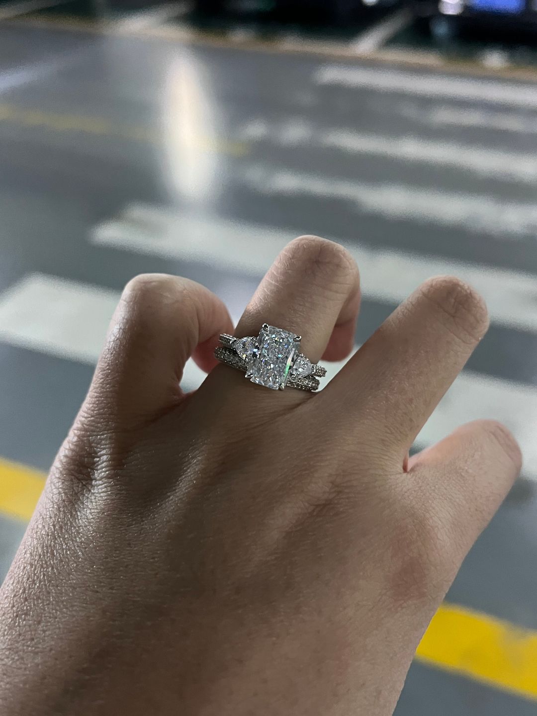 Customer photo review of S925 5.0Ct Radiant Cut & Heart Cut Three Stone Wedding Set In Sterling Silver