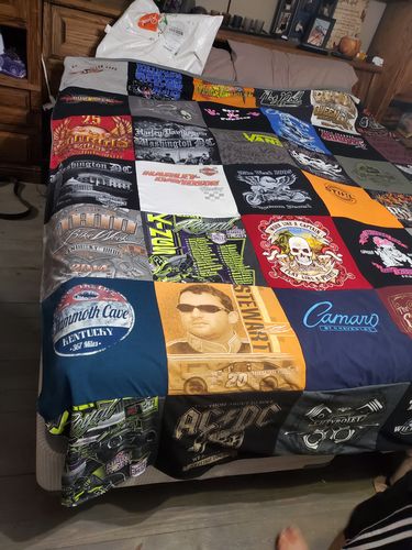 T-shirt quilt with motor vehicles, hunting themes by Noralee from OH