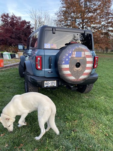 Customer photo review of Hippie American Flag Bigfoot Sasquatch Spare Tire Cover