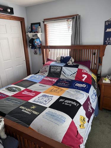 T-shirt quilt with baseball, television themes by Kimberly from ME