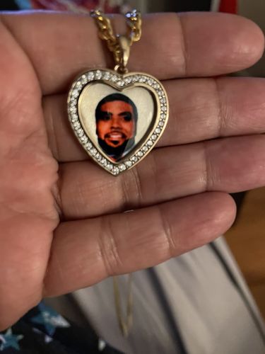 Customer photo review of Iced Out Heart Shape Photo Necklace with Zirconia Stones