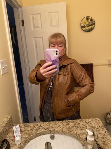 Customer photo review of Girl Next Door Vegan Leather Jacket (Camel)