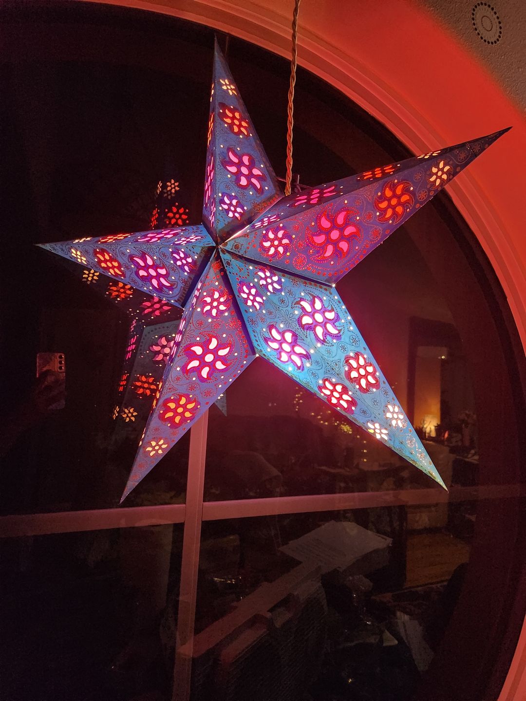 Customer photo review of 24" Blue / Copper Glitter Winds Paper Star Lantern, Hanging Decoration