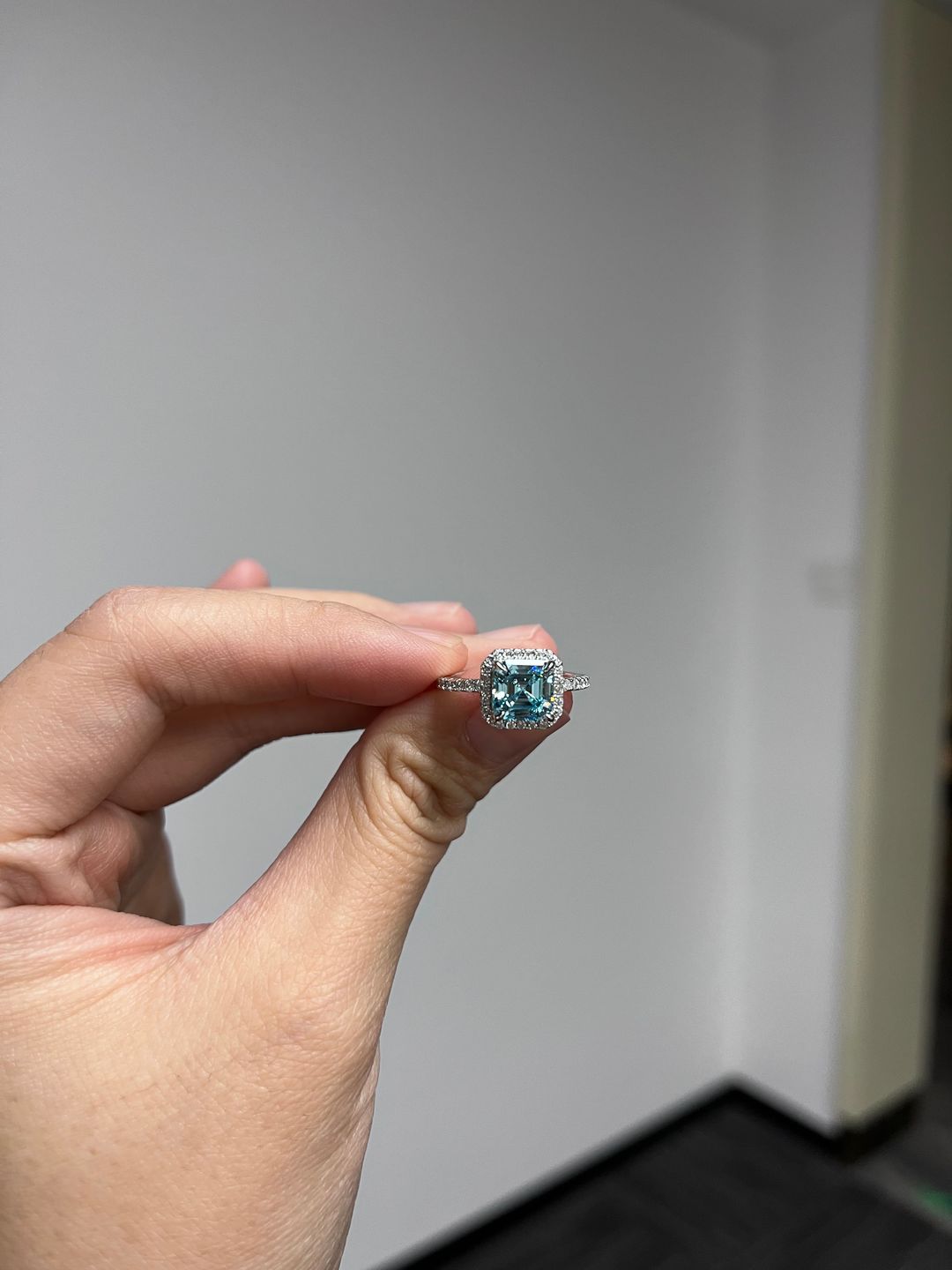 Customer photo review of Louily 2 Ct Exclusive Halo Asscher Cut Light Aquamarine Blue Engagement Ring