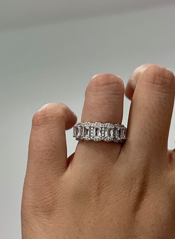 Customer photo review of Louily Luxurious Halo Cushion Cut Wide Wedding Band For Women In Sterling Silver