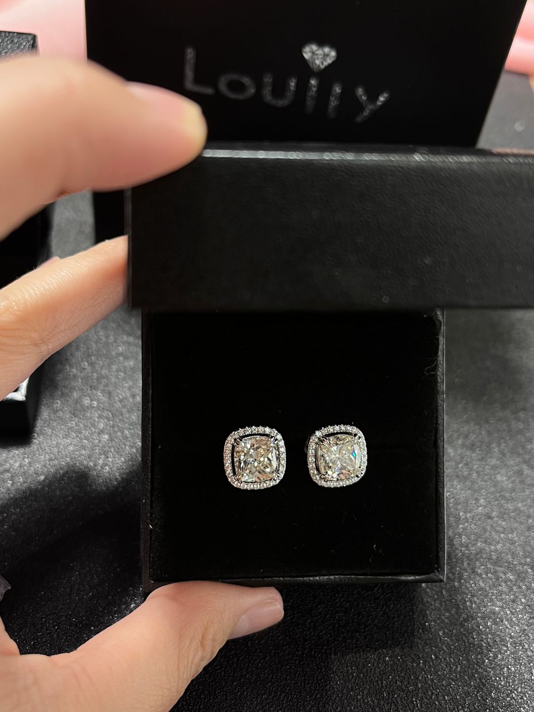 Customer photo review of Louily Sparkle Halo Cushion Cut Women's Stud Earrings In Sterling Silver