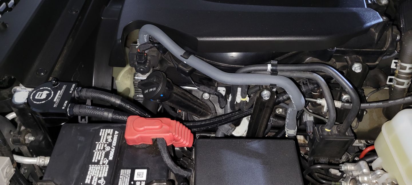 Customer photo review of 2016+ 3.5L V6 Toyota Tacoma Catch Can Kit