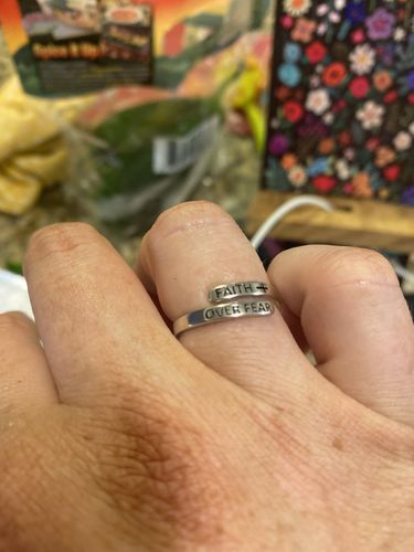Customer photo review of "FAITH OVER FEAR" Sterling Silver Cross Adjustable Ring