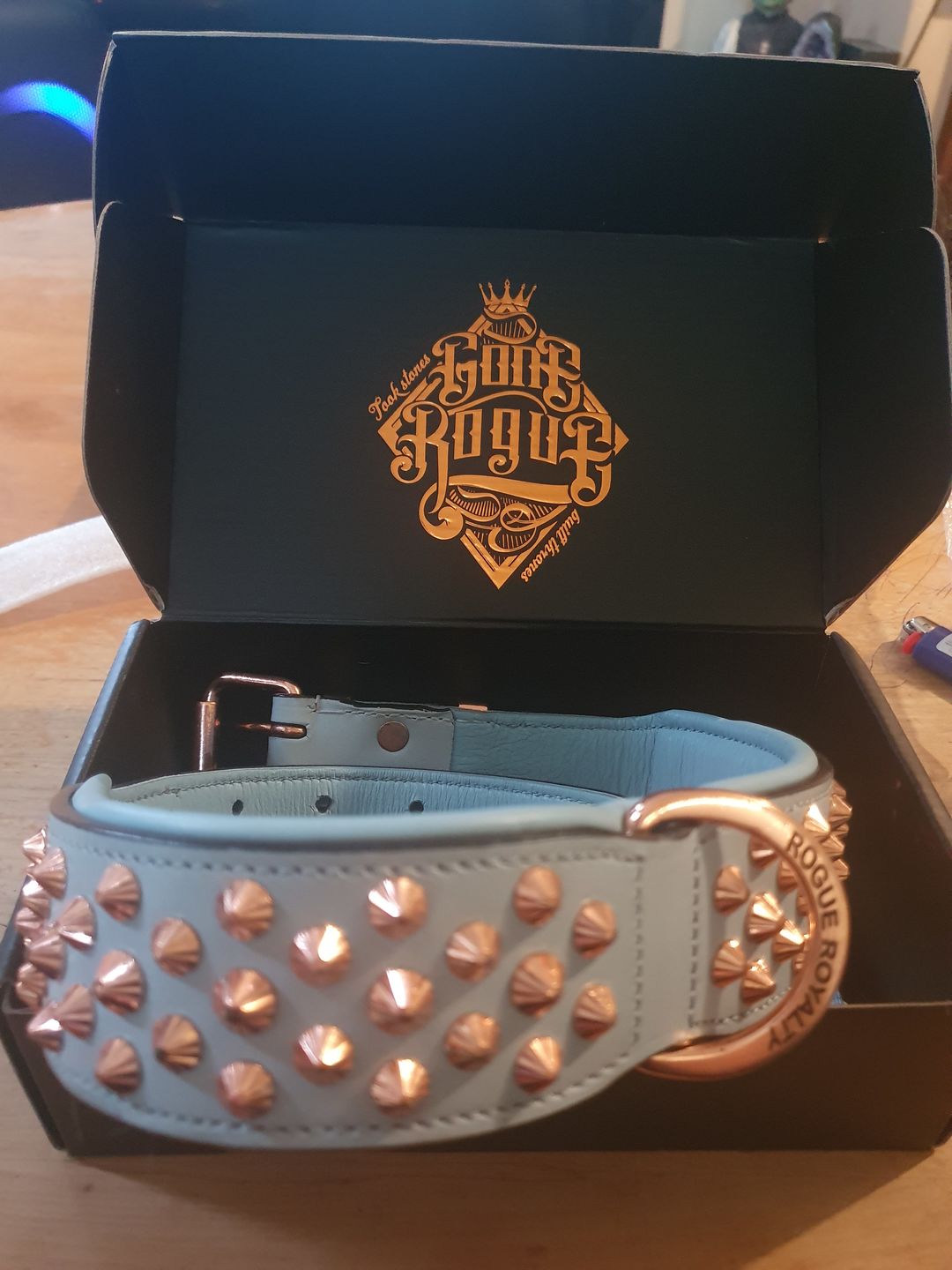 Customer photo review of Hand Made Leather Dog Collar - Imperial Baby Blue & Rose Gold (Wide Fit)