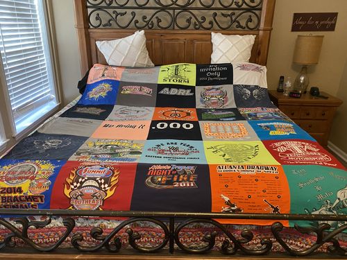 T-shirt quilt with drag racing, t-shirt collecting themes by Terri from GA
