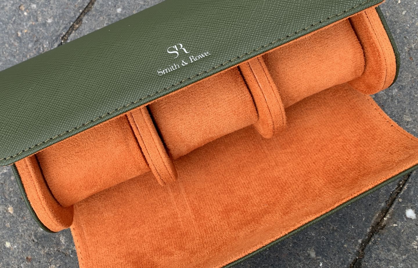 Customer photo review of Luxury leather handmade watch roll for 3 watches - Olive and Orange