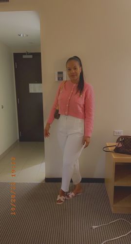 Customer photo review of Fluffy Contrast Trim Faux Pearl Button Cardigan
