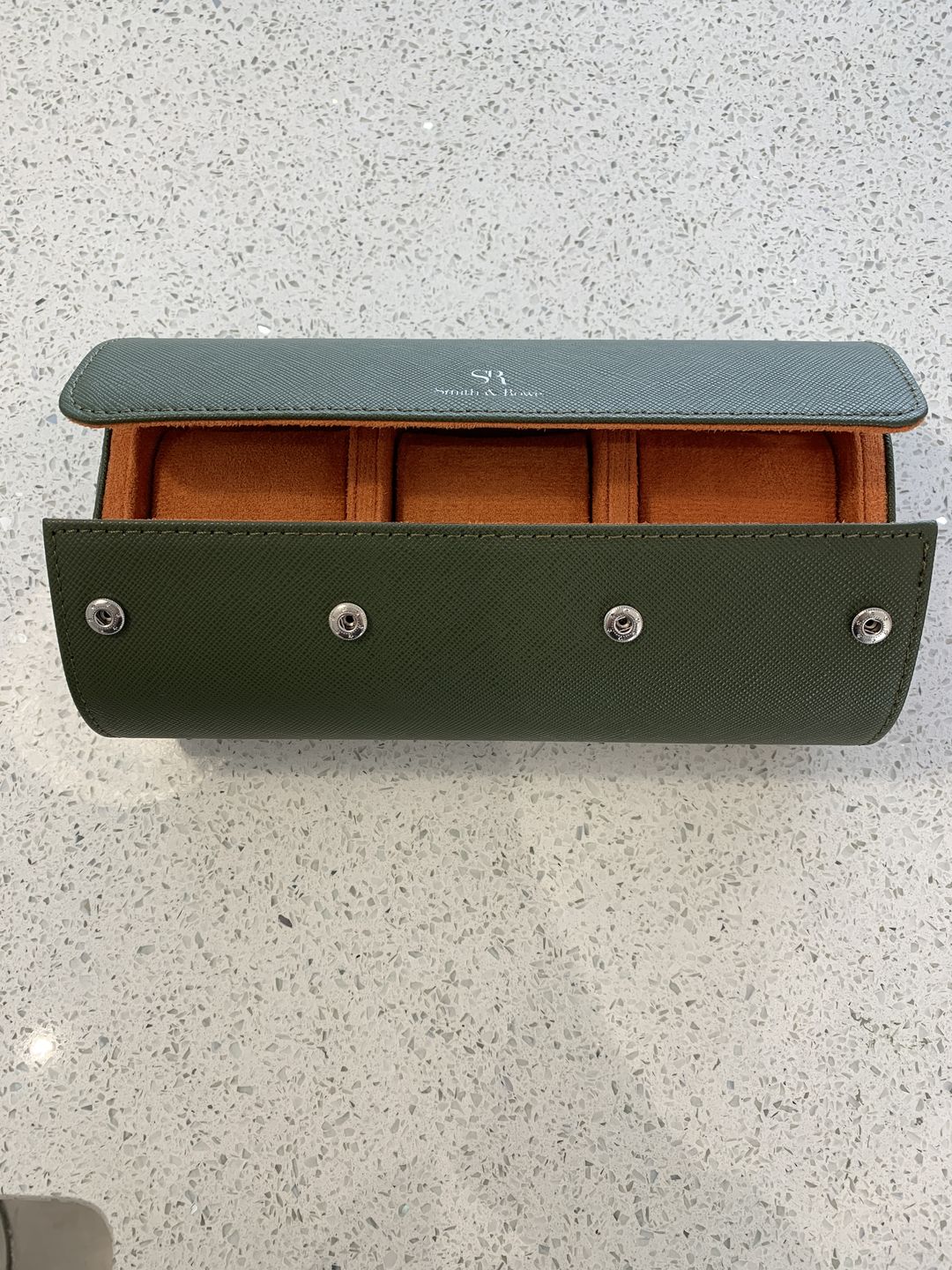 Customer photo review of Luxury leather handmade watch roll for 3 watches - Olive and Orange