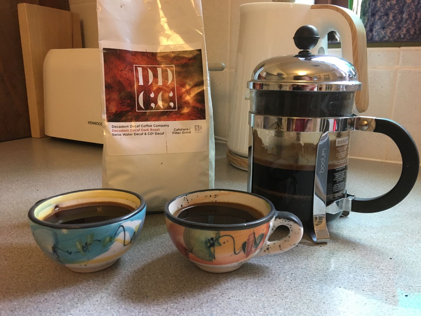Customer photo review of Dark Roast Decaffeinated Coffee Blend - Swiss Water Decaf/CO2 Process - Strength 5 - Decadent Decaf