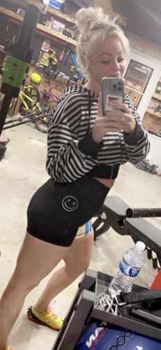 Customer photo review of Salty Savage Ladies High Waist Vintage Striped Spliced Training Shorts | Wet Suit Performance | Black/Multi-Colored Stripes