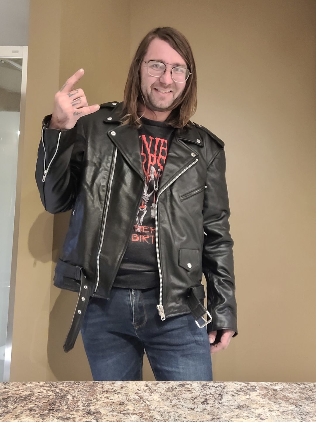 Customer photo review of "Perfect" Biker Style Classic Black Premium Heavy Leather Jacket