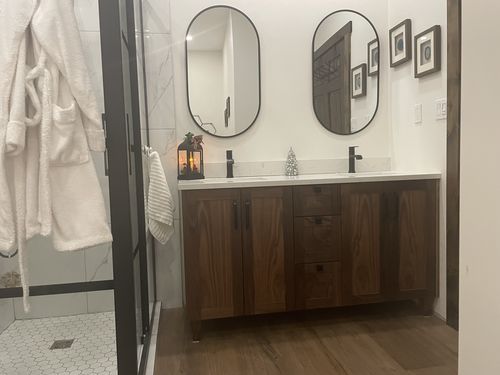 Customer photo review of Bridgeport 60" American Black Walnut Bathroom Vanity, Double Sink