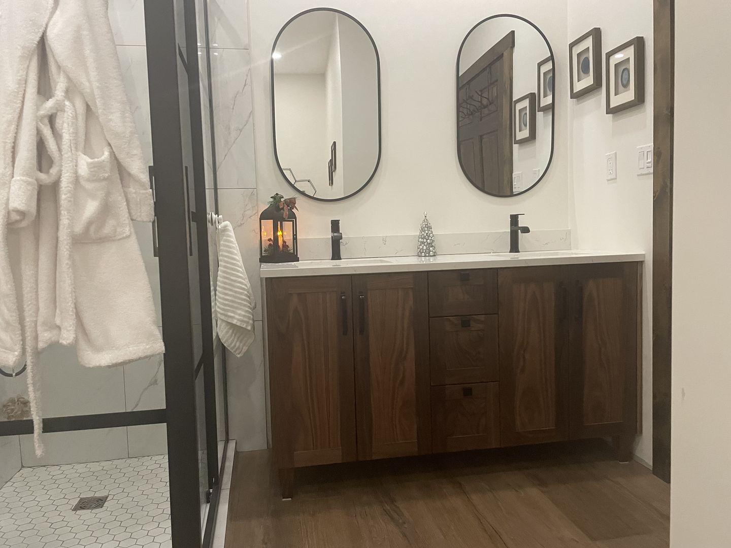 Customer photo review of Bridgeport 60" American Black Walnut Bathroom Vanity, Double Sink
