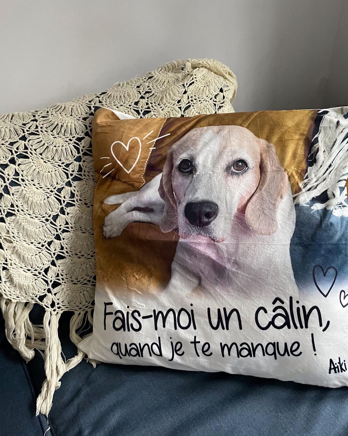 Customer photo review of Fais moi un câlin quand je te manque - Coussin personnalisé