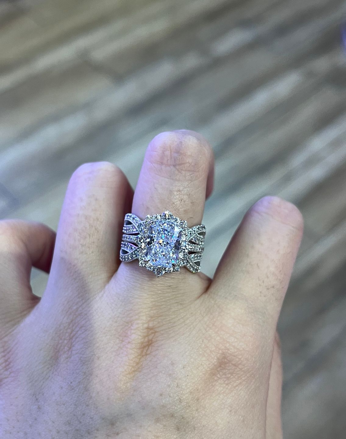 Customer photo review of S925 3.0Ct Radiant Cut Black Stone/White Stone Halo Insert Wedding Ring Set For Women In Sterling Silver