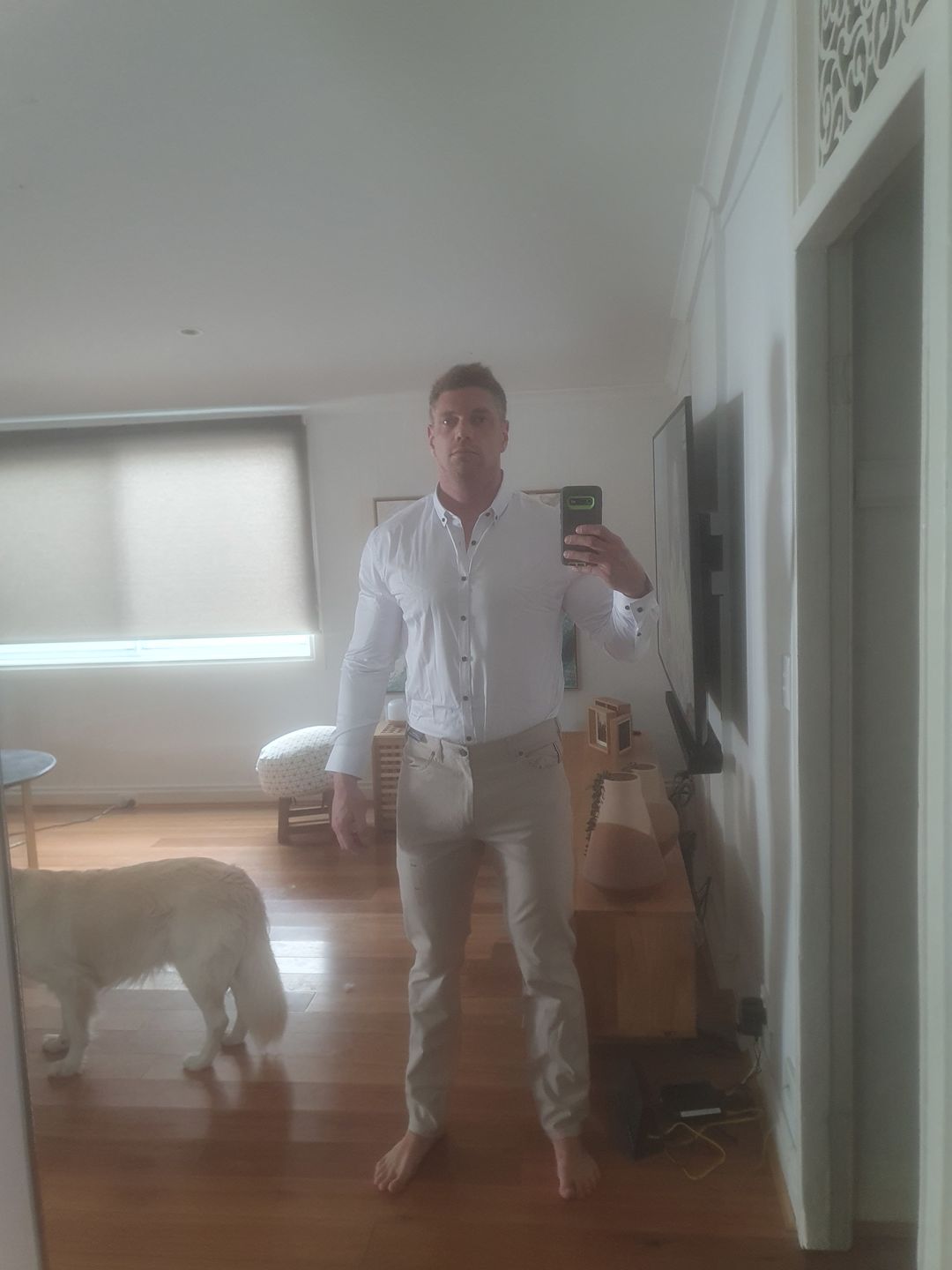Customer photo review of Bamboo Satin Stretch Shirt - White Contrast