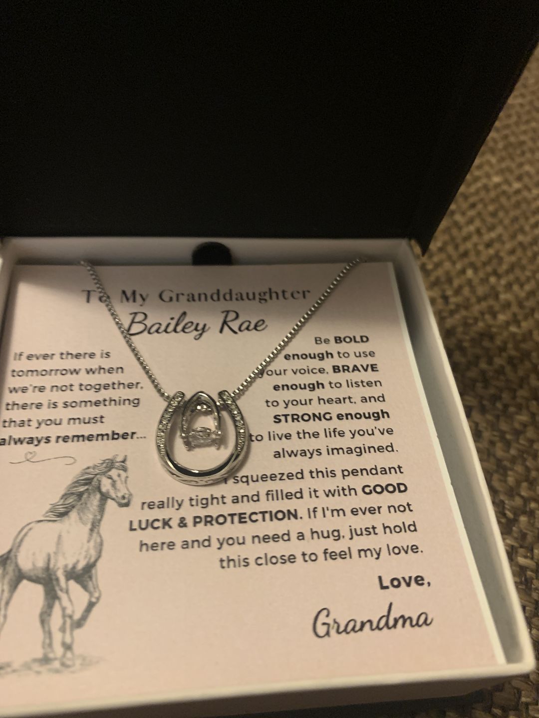Customer photo review of Granddaughter, Be Bold Enough - Horseshoe Necklace w/ Personalized Message Card