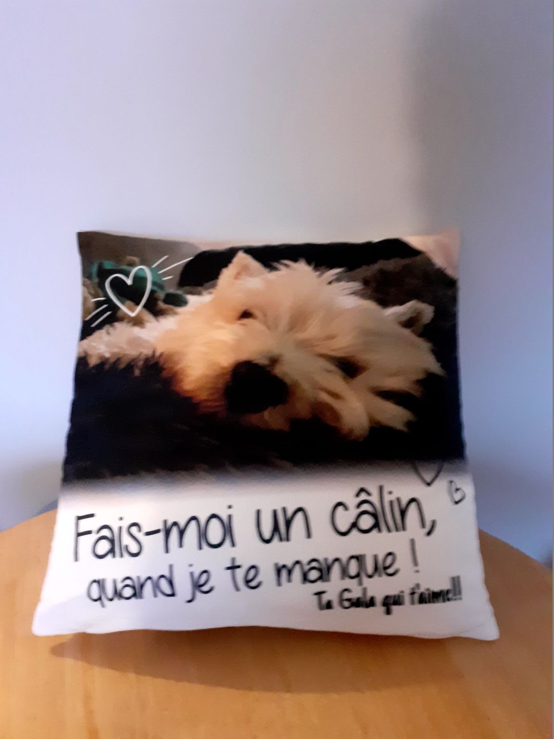 Customer photo review of Fais moi un câlin quand je te manque - Coussin personnalisé