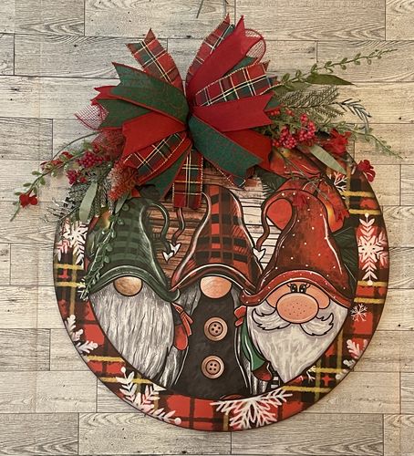 Customer photo review of Wreath Sign, Christmas Gnomes, Christmas Sign, 18" Wood Round,  Sign, DECOE-761, DecoExchange, Sign For Wreath