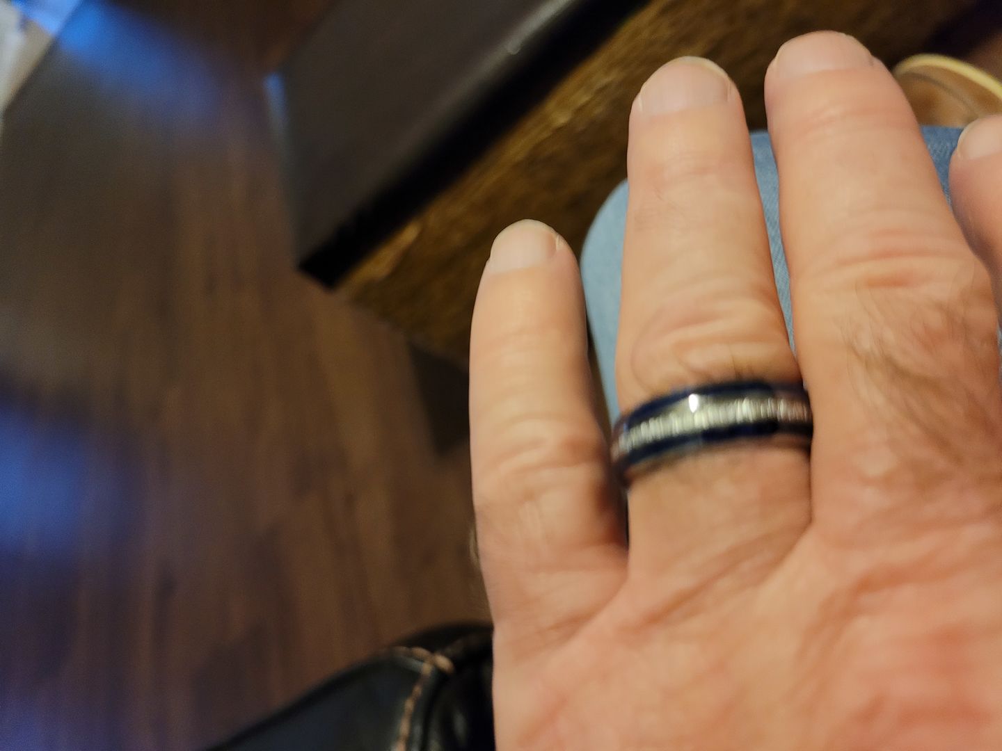 Customer photo review of 8mm - Mens Domed Tungsten Meteorite Ring, W/ Lapis Lazuli Inlay
