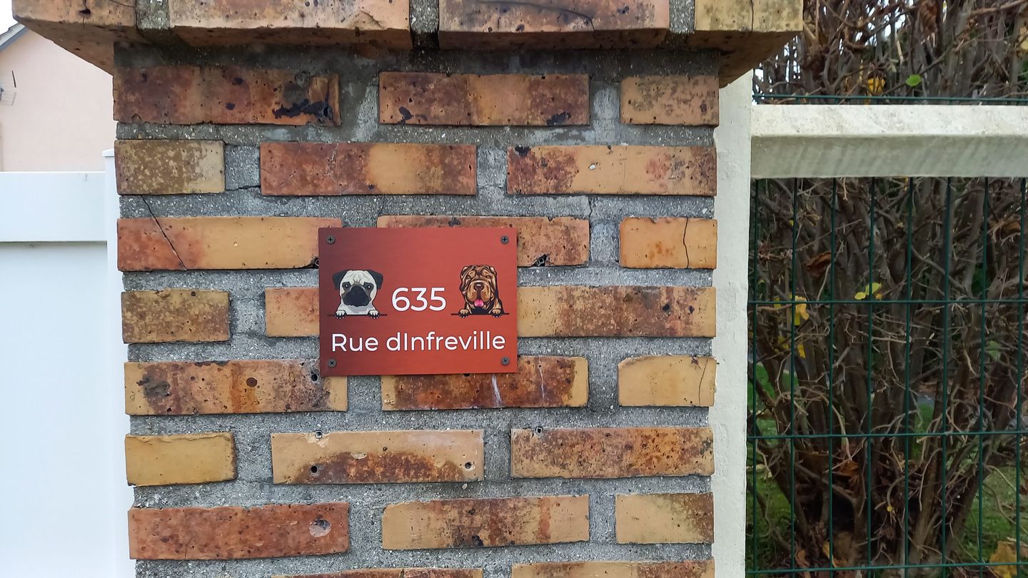 Customer photo review of Chiens curieux et numéro de maison - Plaque de porte personnalisée