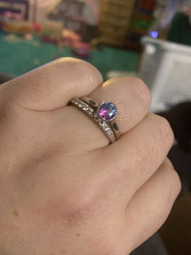 Customer photo review of Solitaire Kaleidoscope Purple Aqua CZ Ring in Sterling Silver